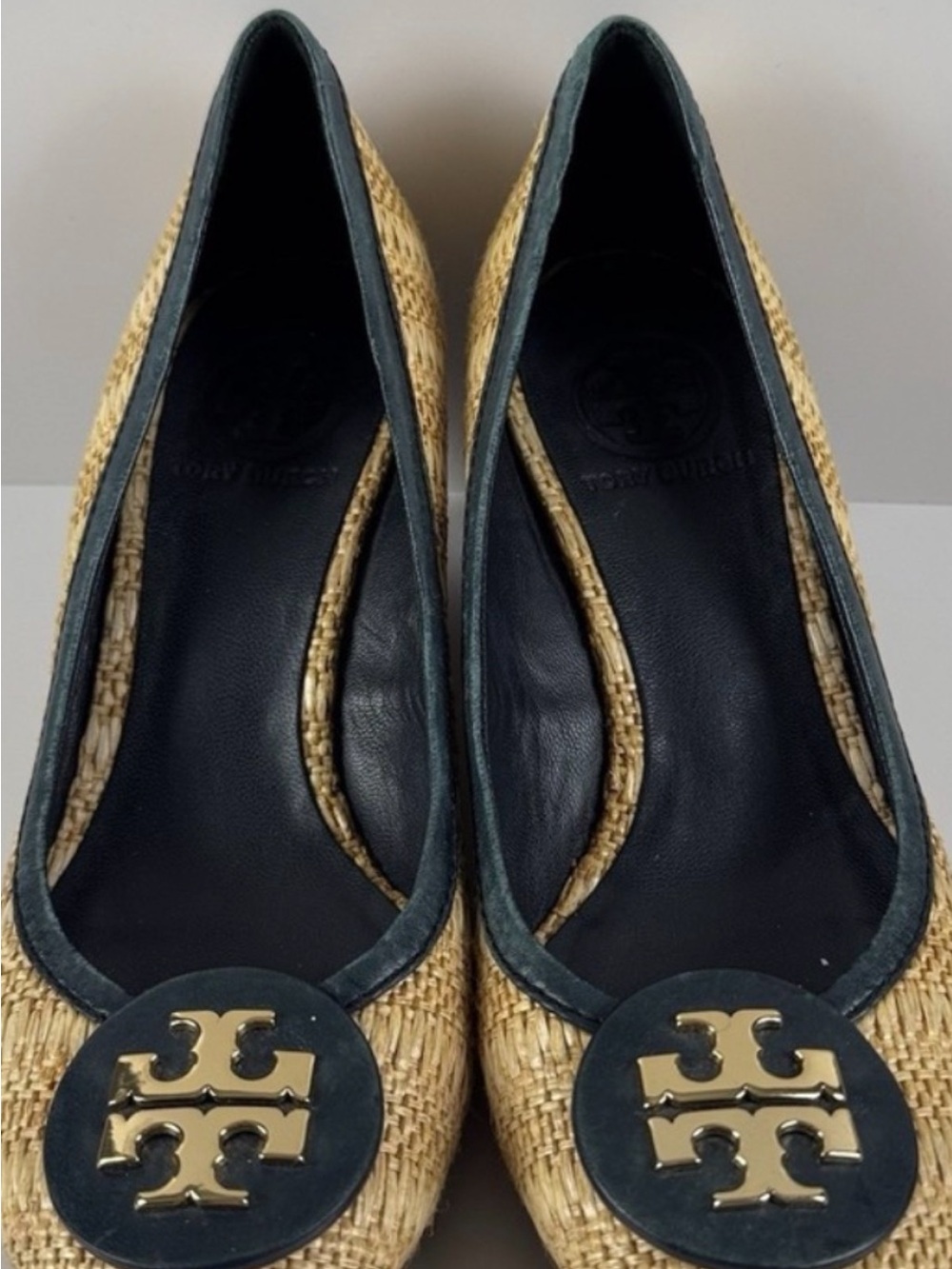 Tory Burch Natural Woven Flats with Navy Trim and Gold Logo